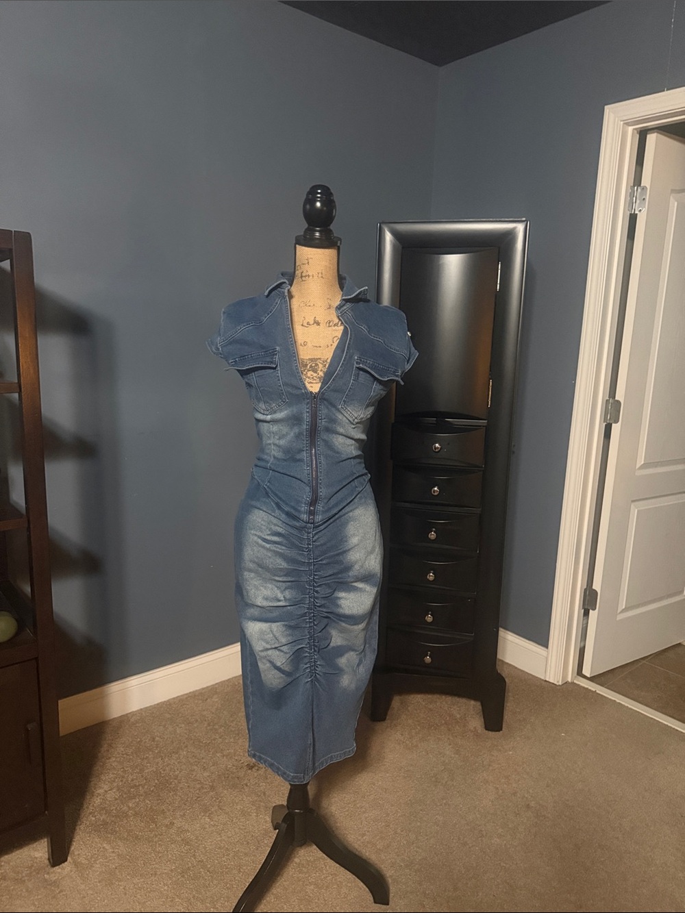 Fitted Blue Denim Midi Dress with Front Ruching